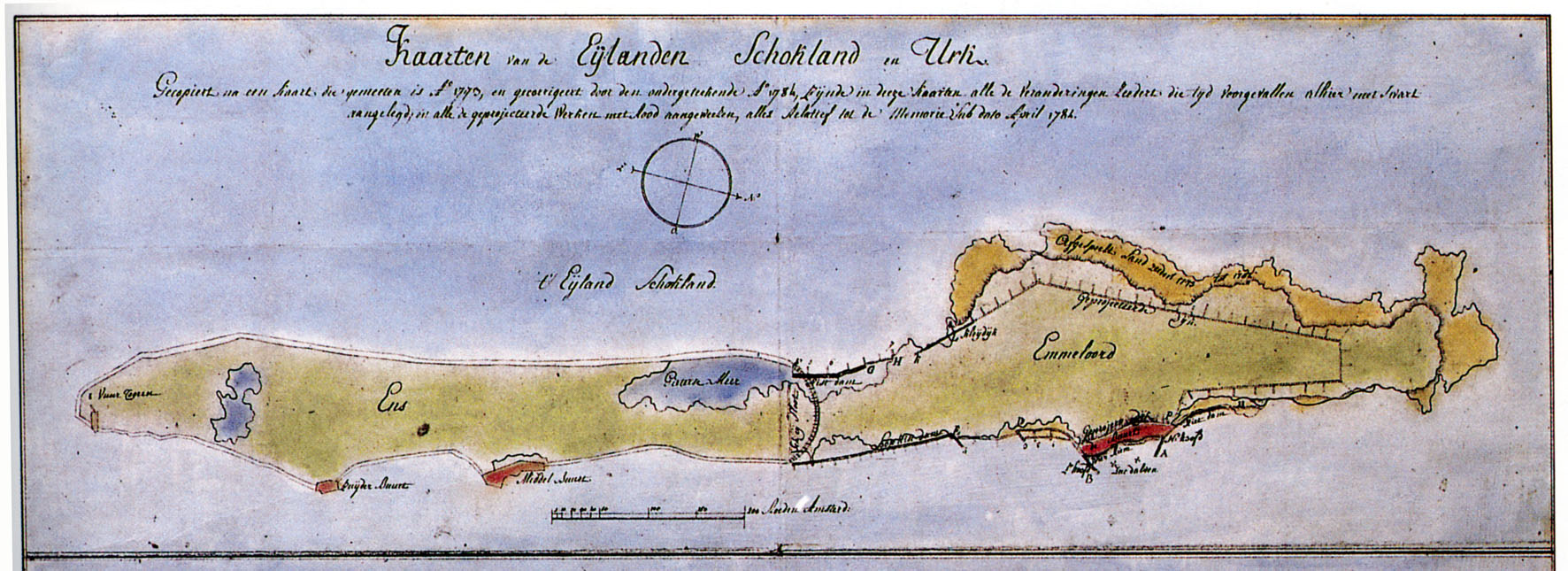 Basiskaart (uitsnede Schokland) uit 1770 met daarin aangegeven het ‘Gieterse Meer’ en de veranderingen van de werkzaamheden per april 1782.