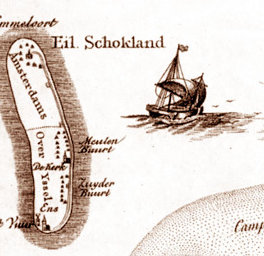 Een kaart uit 1743 met een zeeschip bij Schokland
