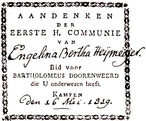 aandenken aan de eerste Heilie Commununie, uitgegeven door pastoor Doorenweerd