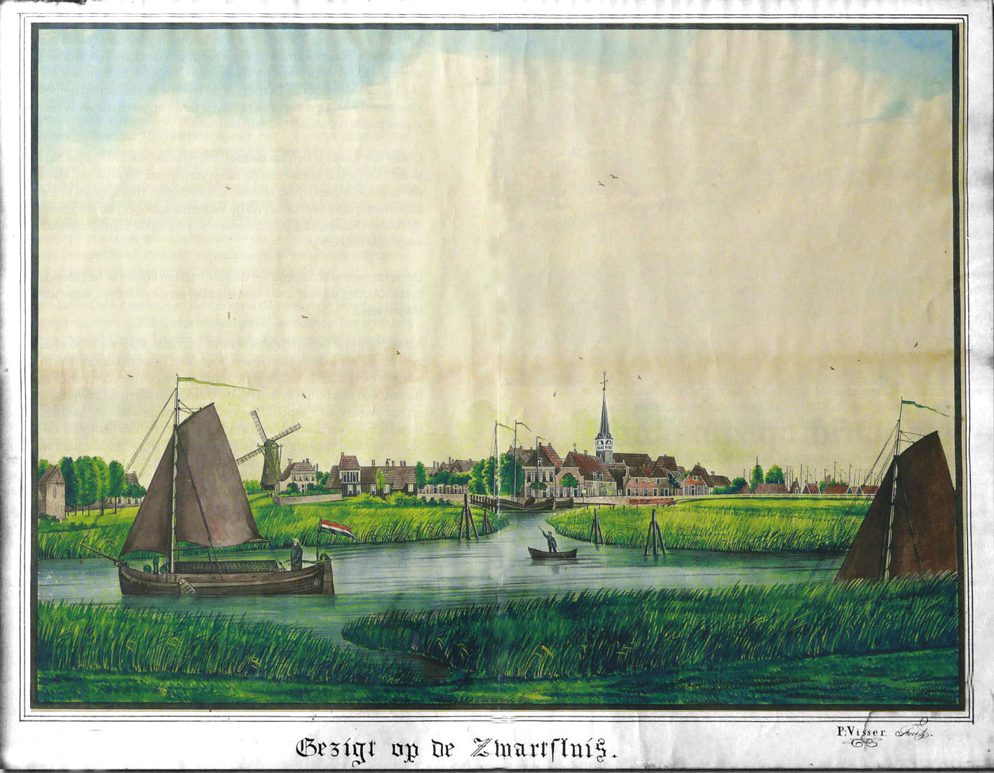 Peter Visser schilderde in 1851 dit turfschip, varend op het Zwartewater bij de Arembergergracht te Zwartsluis.